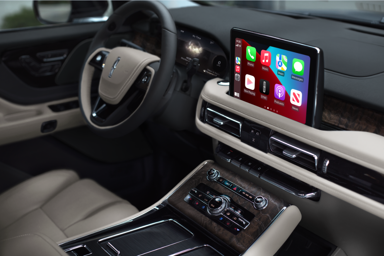 The interior of a Lincoln Aviator® SUV is shown with emphasis on the center touchscreen | Pilson Lincoln in Mattoon IL